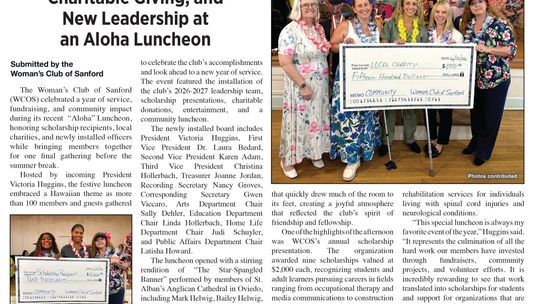 Woman’s Club of Sanford Celebrates Scholarships, Charitable Giving, and New Leadership at an Aloha Luncheon