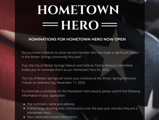 Nominations for Winter Springs Hometown Hero 2025 now open