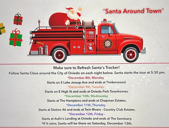 Oviedo - Santa Around Town is coming and we have the days/locations ready!