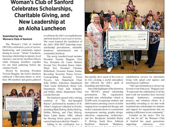 Woman’s Club of Sanford Celebrates Scholarships, Charitable Giving, and New Leadership at an Aloha Luncheon
