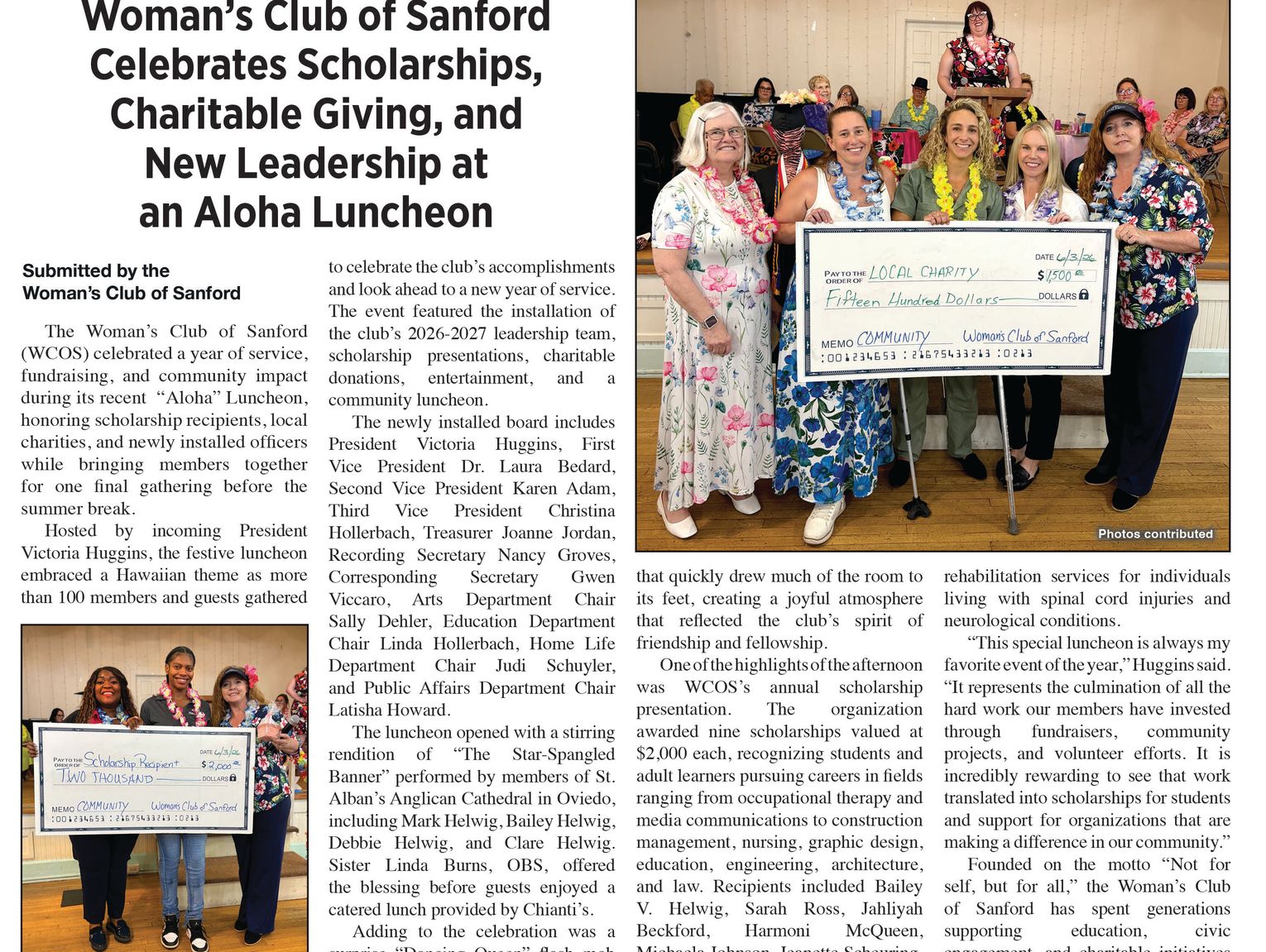 Woman’s Club of Sanford Celebrates Scholarships, Charitable Giving, and New Leadership at an Aloha Luncheon