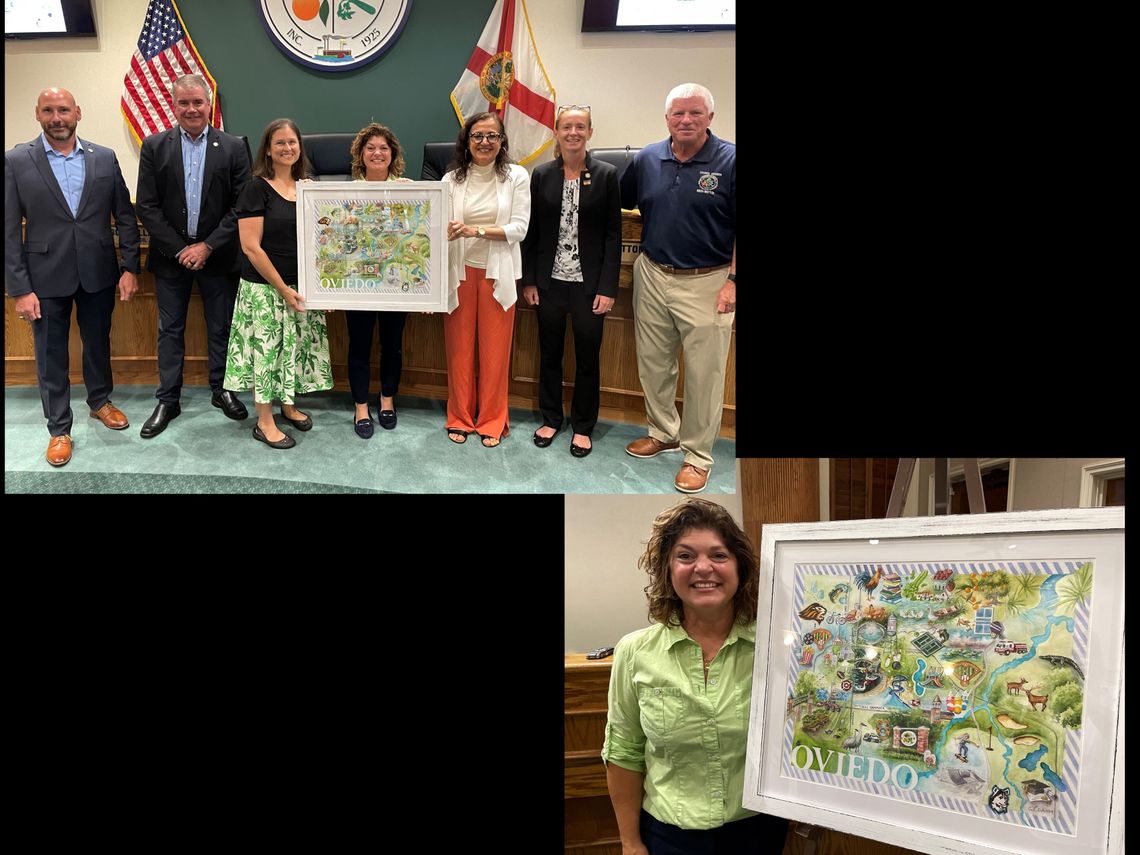 Caryn Dahm presents Watercolor Map to City of Oviedo Caryn Dahm presents Watercolor Map to City of Oviedo