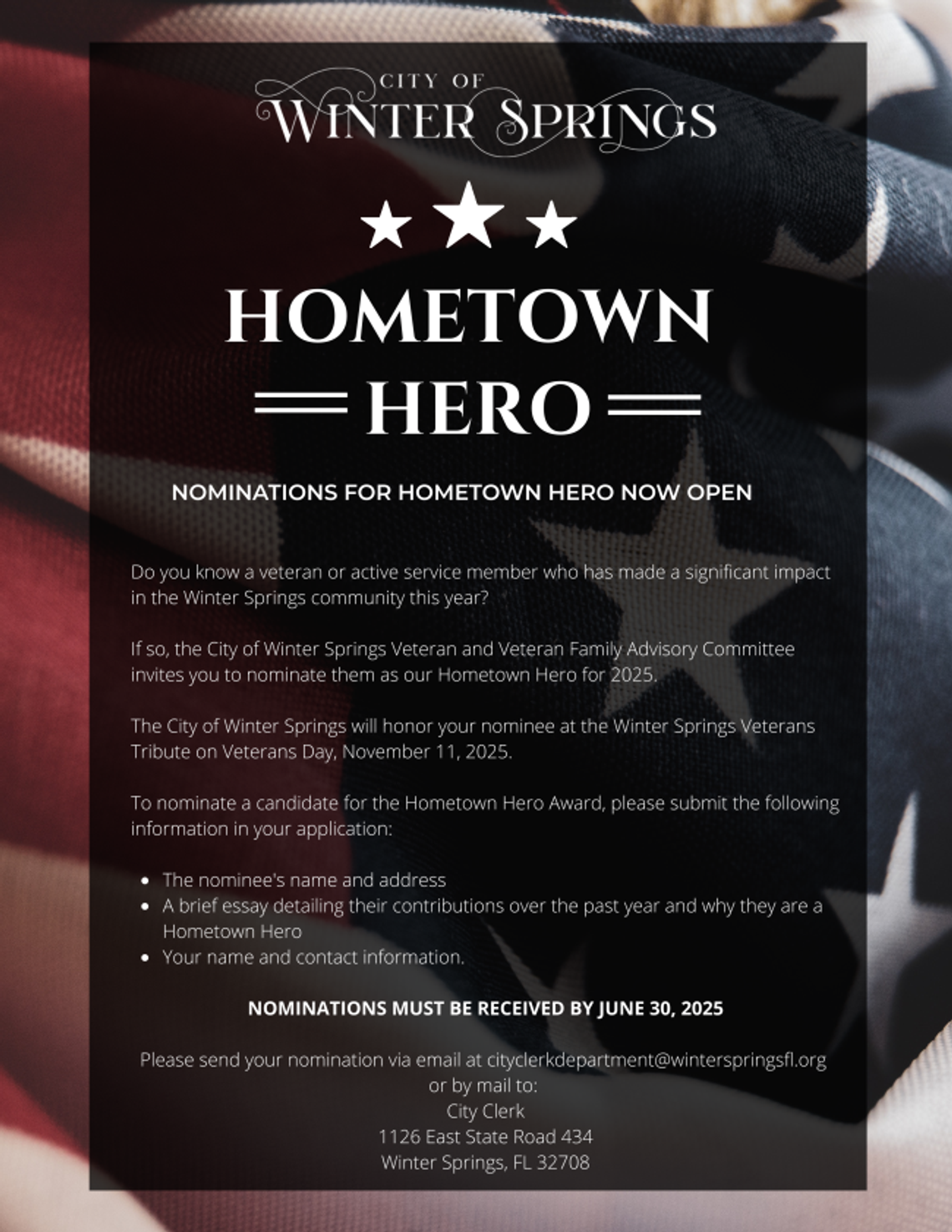 Nominations for Winter Springs Hometown Hero 2025 now open