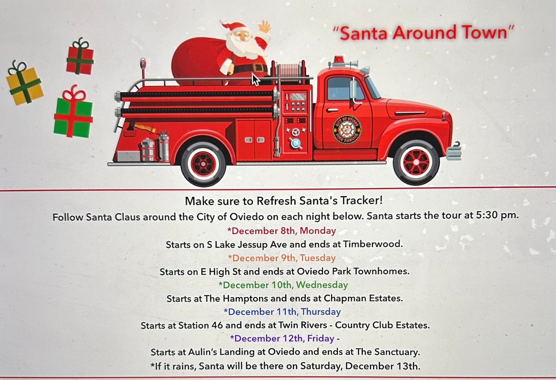 Oviedo - Santa Around Town is coming and we have the days/locations ready!