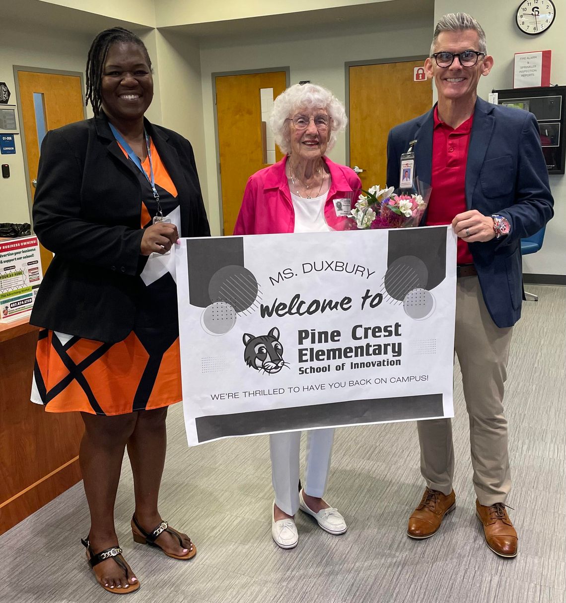 Retired Teacher Doris Duxbury tours Pine Crest Elementary School
