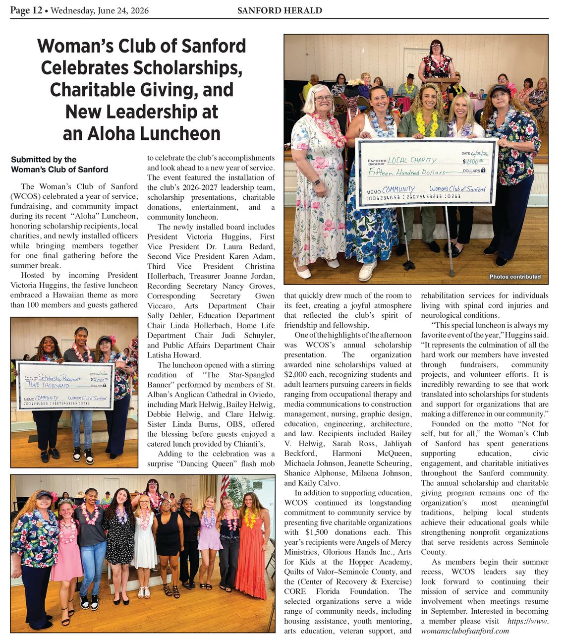 Woman’s Club of Sanford Celebrates Scholarships, Charitable Giving, and New Leadership at an Aloha Luncheon